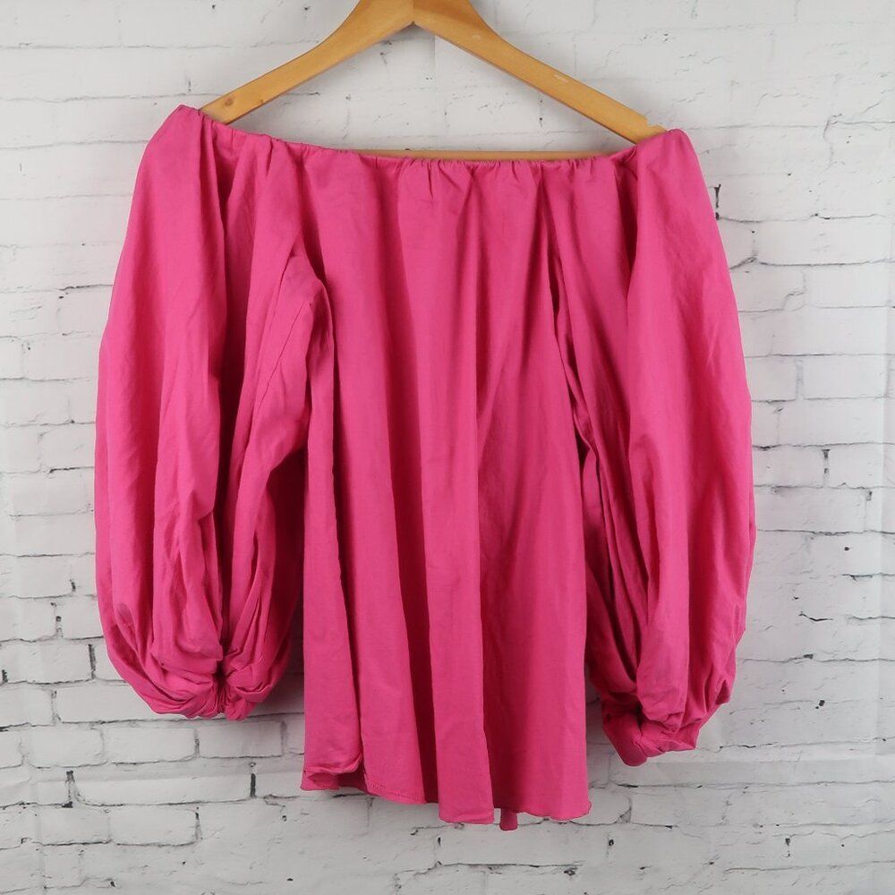LN FAMILY HOT PINK BALLOON SLEEVE OFF THE SHOULDER CROPPED TOP SIZE MEDIUM